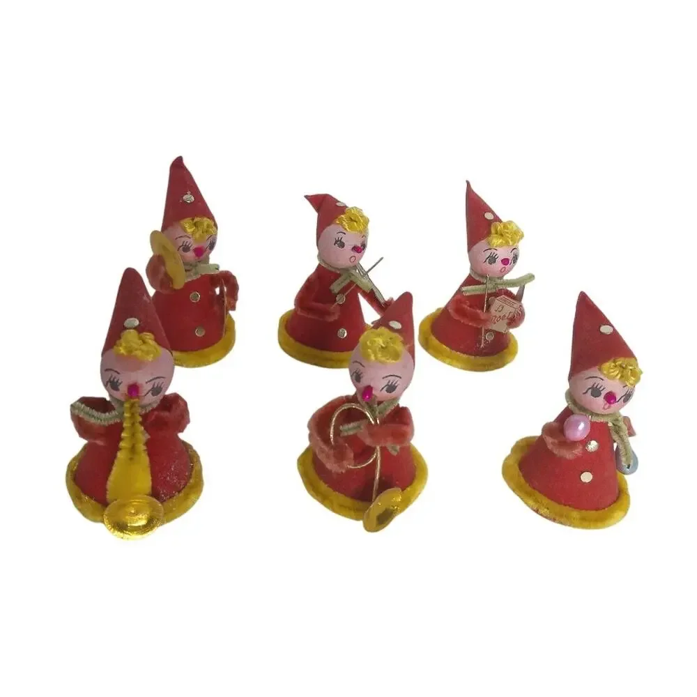 Vintage Shiny Brite Christmas Pixie Band Musical Ornaments Japan Elf Set Of 6